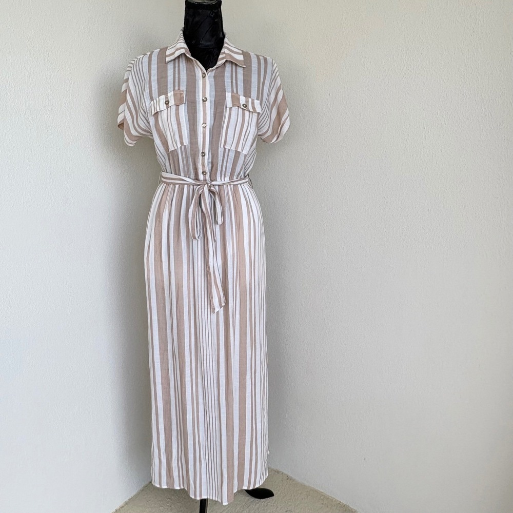 GUESS Striped Button Front Maxi Shirt Dress Women Size S Tan White Preppy
